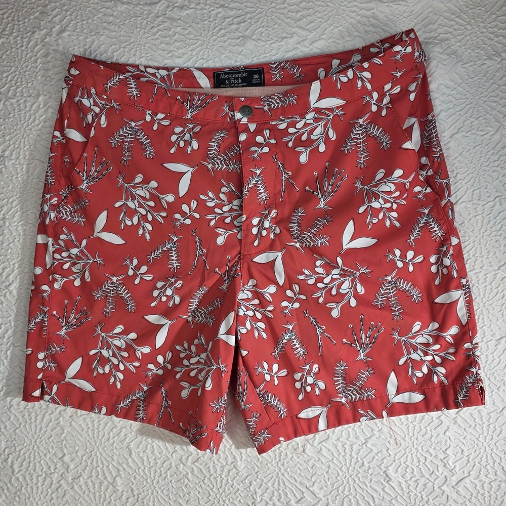 Abercrombie & Fitch Mens Red Botanical Print Swim Trunks Size 36‎ Mesh Lined XL